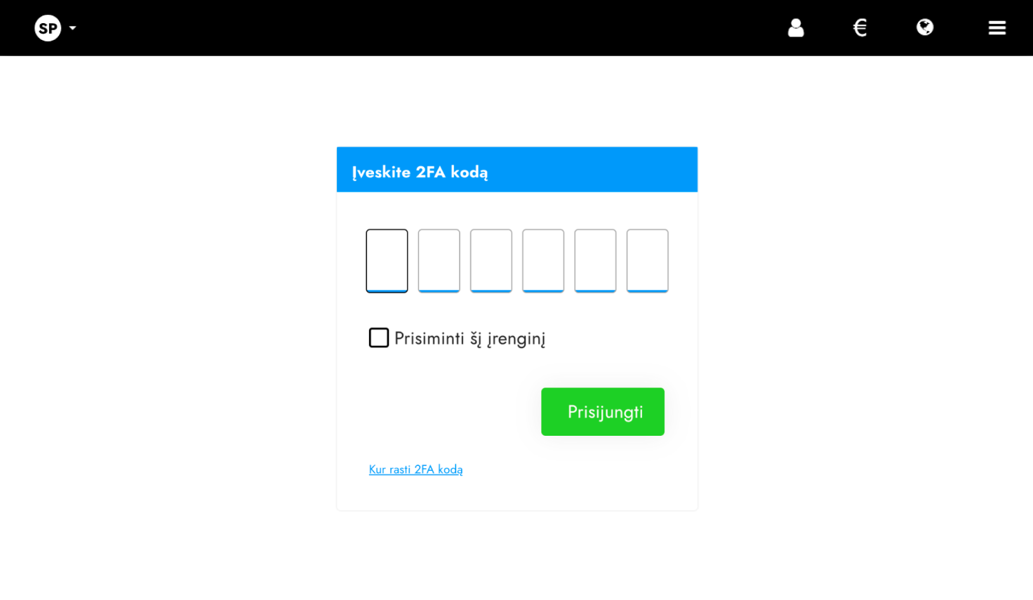 6 skaitmenų kodo įvedimo langas